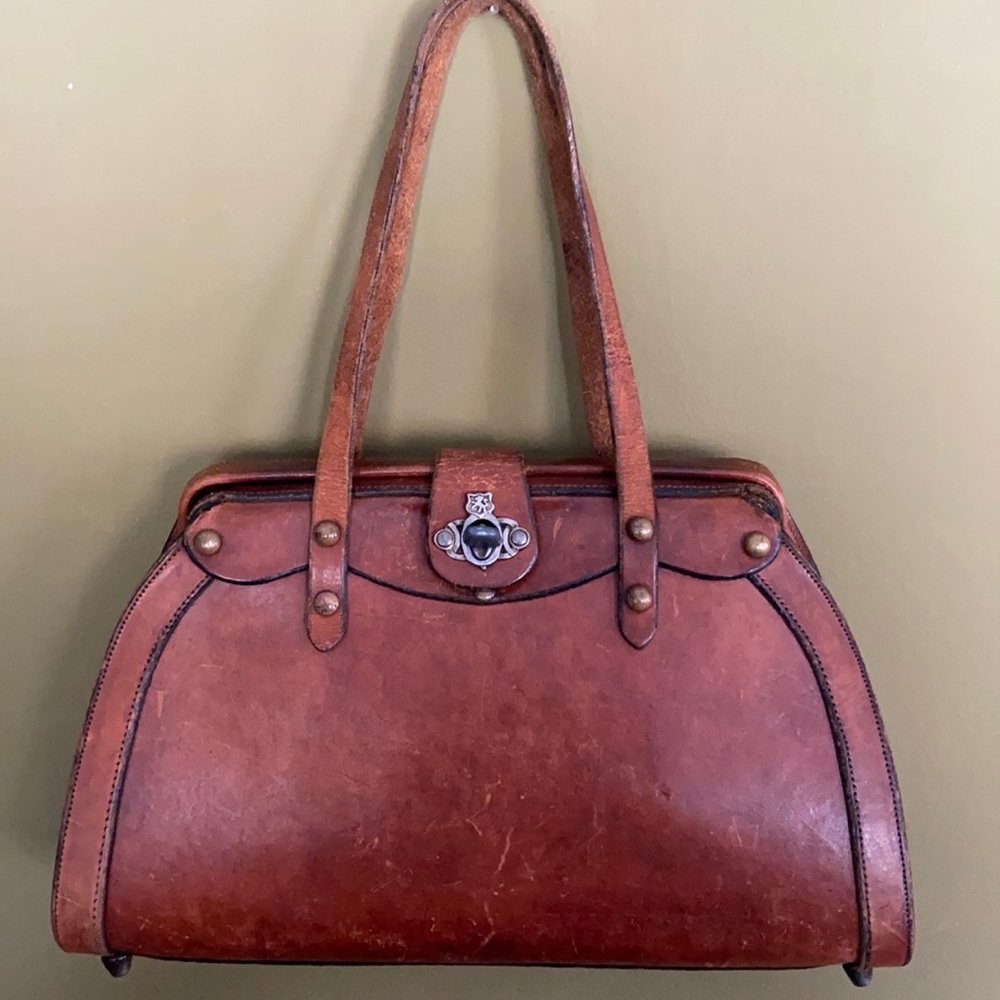 Antique Handmade Leather Satchel Handbag Turn Lock Closure Purse